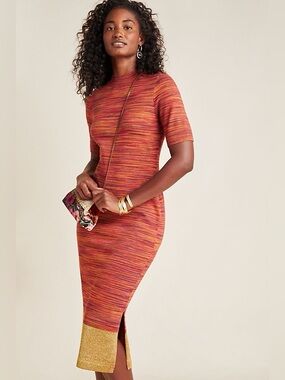 Anthropologie Maeve Warm Toned Space-Dyed Knit Midi Dress Gold Hem Size Small